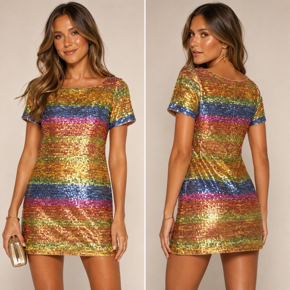 Lovers + Friends Rainbow Sequin Stripe Mini Dress XXS Pink Lined Party Cocktail